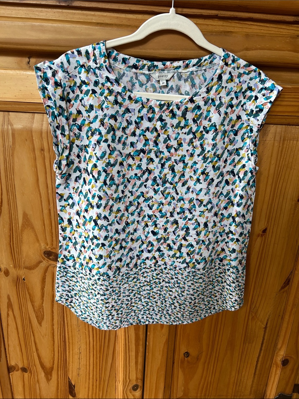 Poetry Top Teal Pink Yellow Cap Sleeve Printed Blouse Viscose Rayon Size 12